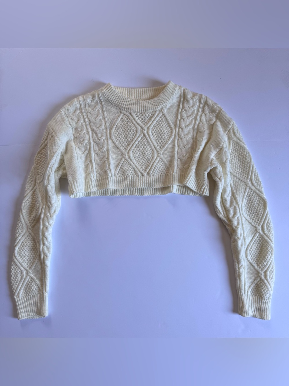 Cropped Cable Knit Sweater - Cream,Size Small - Picture 2 of 6